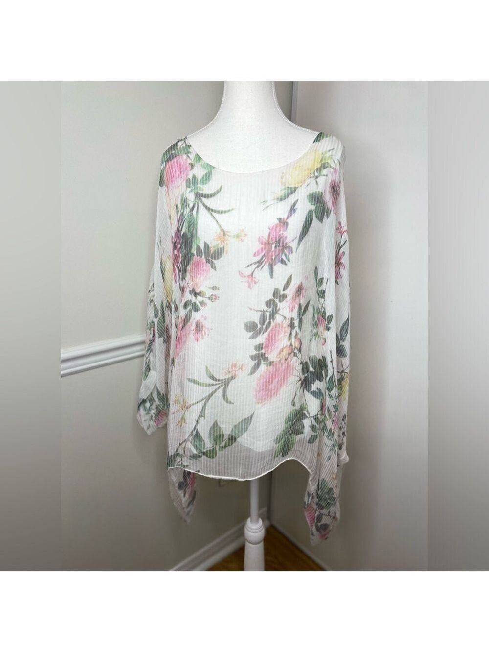 Made in Italy Silk Sheer Floral Overlay Cape Top